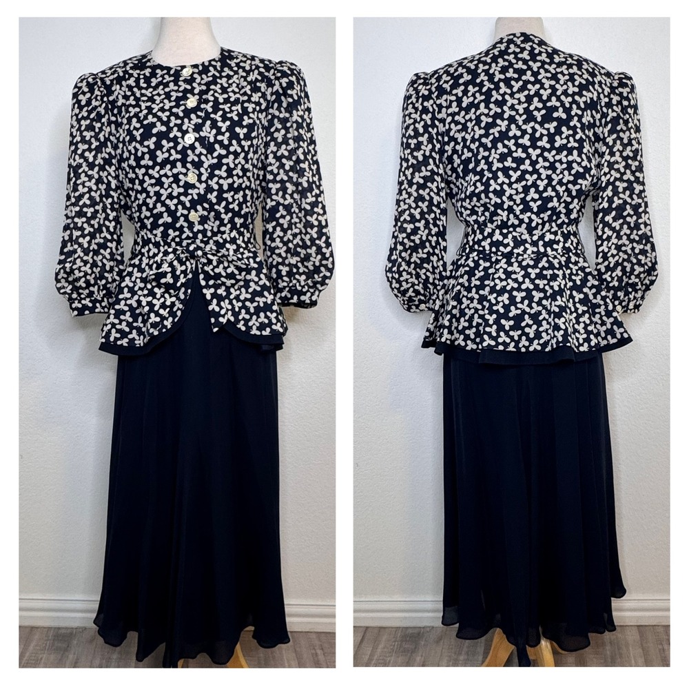 Richard Warren Women Silk Skirt Set Vintage Size 10 Floral Navy Dynasty Glam 80s